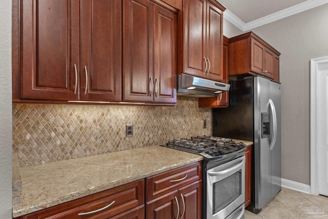4166 Madura Four, Gulf Breeze, FL 32563 - kitchen with under cabinet range hood, appliances with stainless steel finishes, decorative backsplash, light stone counters, and crown molding