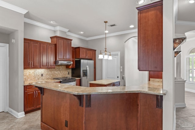 4166 Madura Four, Gulf Breeze, FL 32563 - kitchen with stainless steel appliances, under cabinet range hood, light tile patterned flooring, tasteful backsplash, and a breakfast bar