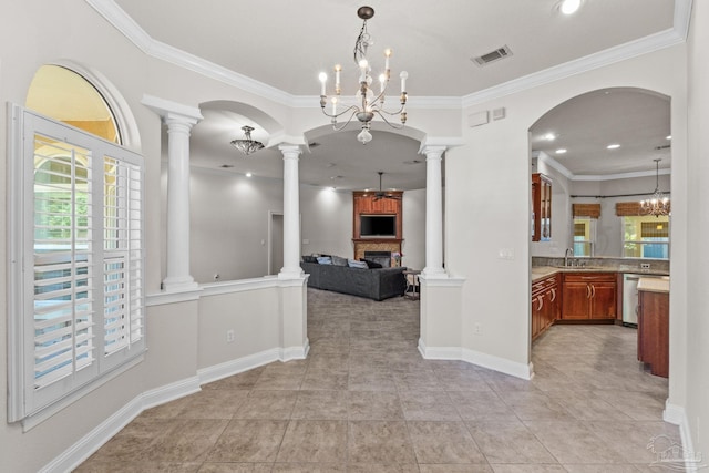 4166 Madura Four, Gulf Breeze, FL 32563 - unfurnished dining area featuring plenty of natural light, a chandelier, ornate columns, ornamental molding, and recessed lighting