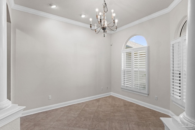 4166 Madura Four, Gulf Breeze, FL 32563 - unfurnished dining area with crown molding, a chandelier, baseboards, and tile patterned flooring