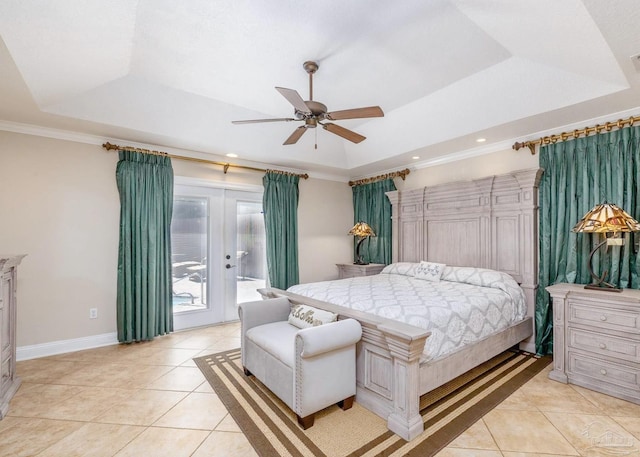 4166 Madura Four, Gulf Breeze, FL 32563 - bedroom featuring a raised ceiling, access to outside, light tile patterned flooring, baseboards, and ceiling fan