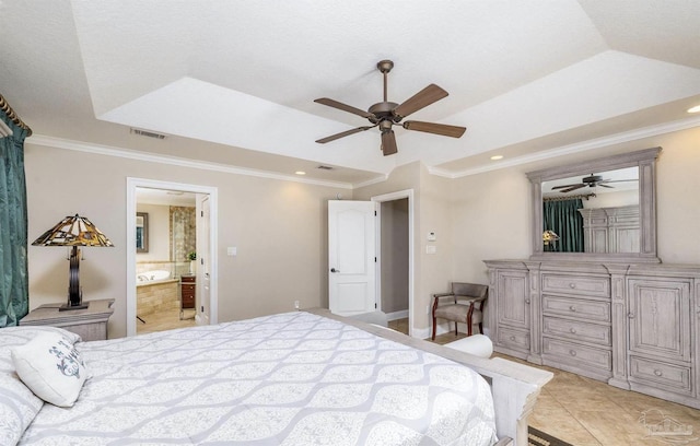 4166 Madura Four, Gulf Breeze, FL 32563 - bedroom with ornamental molding, connected bathroom, ceiling fan, recessed lighting, and light tile patterned flooring