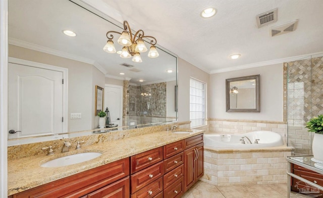 4166 Madura Four, Gulf Breeze, FL 32563 - full bathroom with tile patterned floors, a shower stall, a garden tub, double vanity, and ornamental molding
