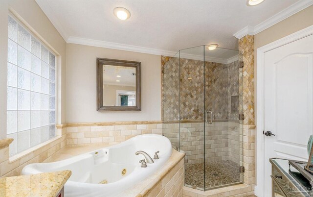 4166 Madura Four, Gulf Breeze, FL 32563 - full bath featuring a stall shower, a tub with jets, and crown molding