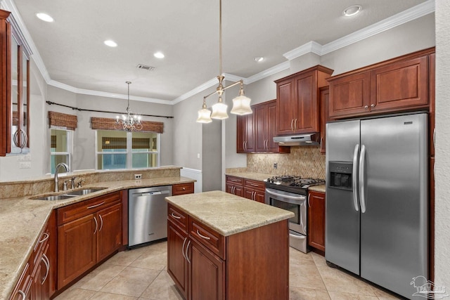 4166 Madura Four, Gulf Breeze, FL 32563 - kitchen featuring appliances with stainless steel finishes, a sink, light tile patterned floors, under cabinet range hood, and crown molding