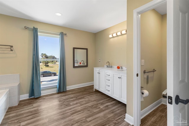 bathroom featuring vanity, wood-type flooring, and a bath