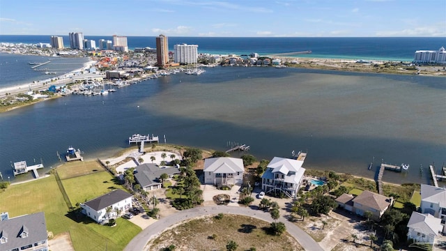 bird's eye view with a water view