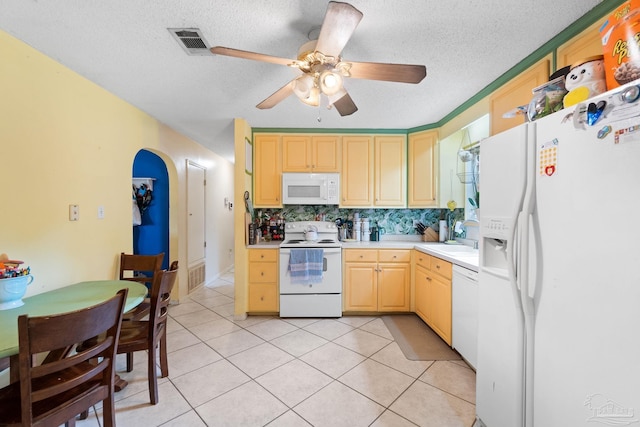 6555 Bellview Pines Pl, Pensacola, FL 32526 - kitchen with white appliances, a sink, ceiling fan, light brown cabinetry, and light countertops