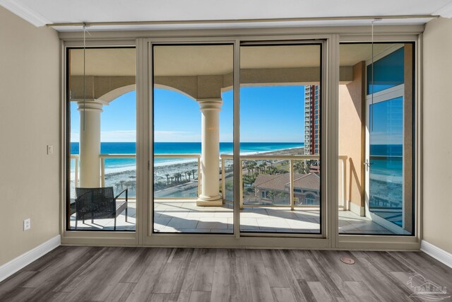 doorway featuring hardwood / wood-style floors, plenty of natural light, a view of the beach, and a water view