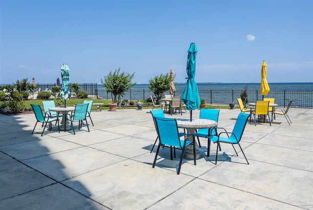 view of patio / terrace featuring a water view