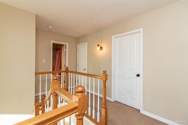 hall featuring carpet flooring and a textured ceiling