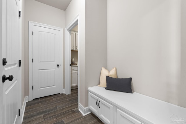 mudroom featuring baseboards and dark wood-style flooring