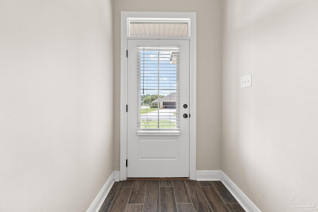 doorway featuring baseboards, dark wood finished floors, and a wealth of natural light