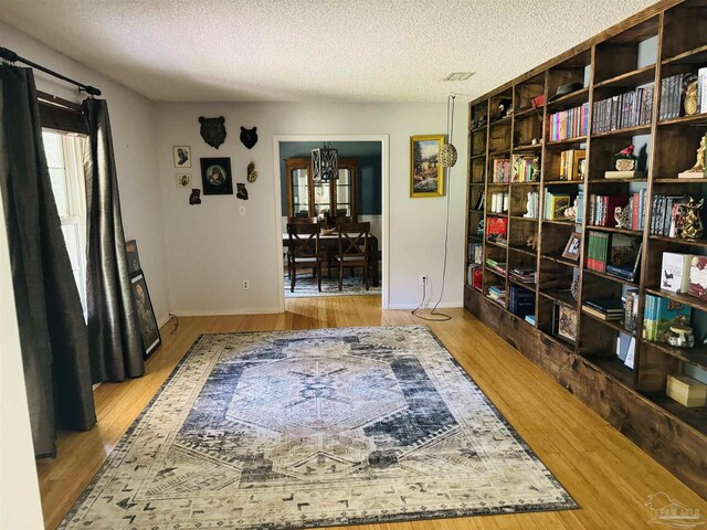 sitting room with light hardwood / wood-style floors and a textured ceiling