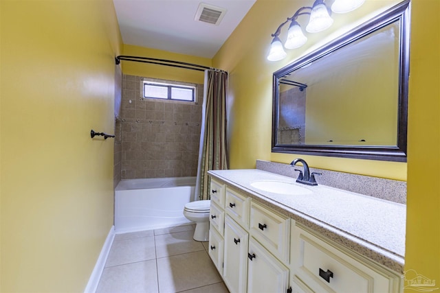 full bathroom with vanity, shower / bath combination with curtain, tile patterned floors, and toilet