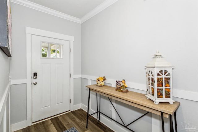 foyer entrance with ornamental molding and dark hardwood / wood-style flooring