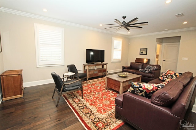 living room with ceiling fan, dark hardwood / wood-style flooring, and ornamental molding