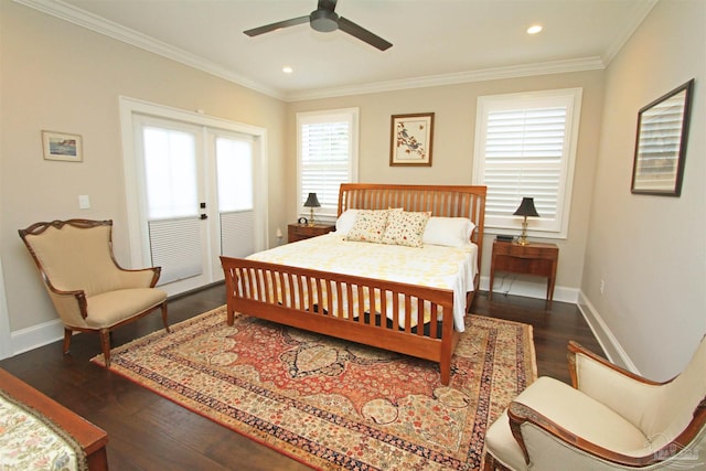 bedroom featuring ceiling fan, crown molding, dark wood-type flooring, and french doors