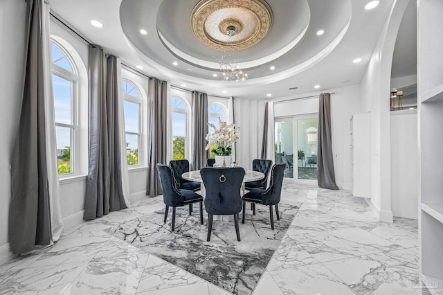 502 Deer Point Dr, Gulf Breeze, FL 32561 - dining room with baseboards, light marble finish flooring, recessed lighting, a chandelier, and a raised ceiling