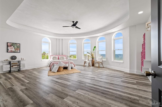 502 Deer Point Dr, Gulf Breeze, FL 32561 - rec room featuring a raised ceiling, recessed lighting, wood finished floors, ceiling fan, and baseboards