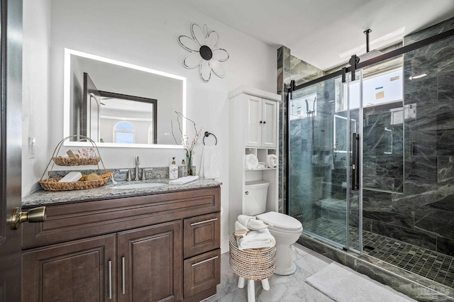 502 Deer Point Dr, Gulf Breeze, FL 32561 - full bathroom featuring marble look tiles, toilet, a marble finish shower, and vanity
