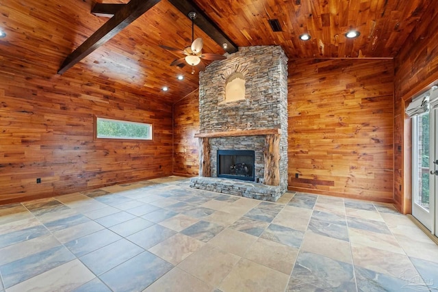 1011 Bucyrus Ln, Cantonment, FL 32533 - unfurnished living room with wood ceiling, wood walls, a fireplace, ceiling fan, and recessed lighting