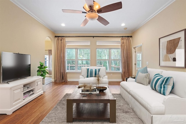 1011 Bucyrus Ln, Cantonment, FL 32533 - living area with ornamental molding, light wood-style flooring, arched walkways, a ceiling fan, and recessed lighting