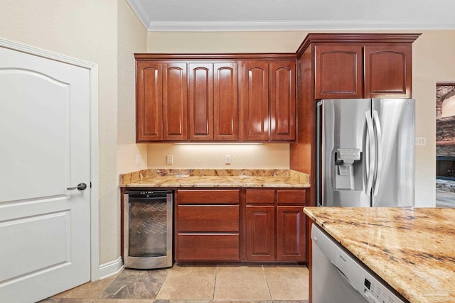 1011 Bucyrus Ln, Cantonment, FL 32533 - kitchen with stainless steel refrigerator with ice dispenser, wine cooler, crown molding, light stone countertops, and dishwashing machine