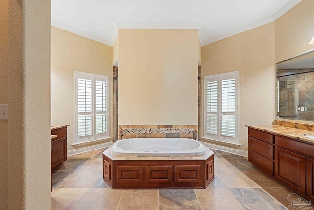 1011 Bucyrus Ln, Cantonment, FL 32533 - full bathroom with vanity, ornamental molding, a bath, plenty of natural light, and a shower with shower door