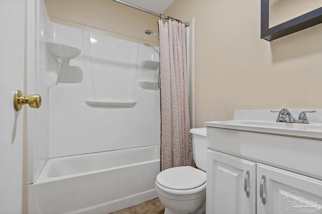 full bathroom with tile patterned flooring, vanity, shower / bath combo, and toilet