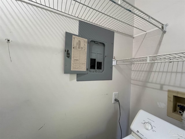 washroom with electric panel and hookup for a washing machine