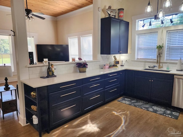 210 Mcrae St, Atmore, AL 36502 - kitchen with wooden ceiling, blue cabinets, wood finished floors, dishwasher, and a ceiling fan