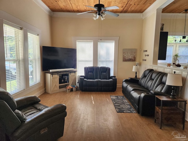 210 Mcrae St, Atmore, AL 36502 - living area featuring wood ceiling, ornamental molding, ceiling fan, plenty of natural light, and light wood-style flooring