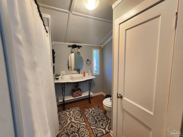 210 Mcrae St, Atmore, AL 36502 - bathroom with wood finished floors and vaulted ceiling