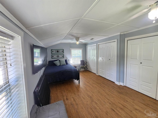 210 Mcrae St, Atmore, AL 36502 - bedroom featuring multiple closets, wood finished floors, lofted ceiling, and a ceiling fan