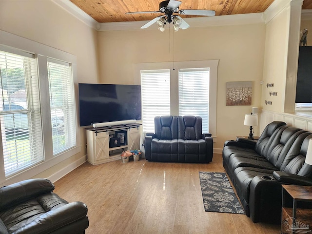 210 Mcrae St, Atmore, AL 36502 - living area featuring wood ceiling, light wood-style floors, healthy amount of natural light, ceiling fan, and crown molding