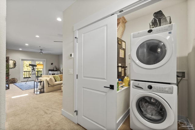 4979 Leeward Dr, Pensacola, FL 32507 - clothes washing area featuring carpet flooring, recessed lighting, a ceiling fan, stacked washer / drying machine, and laundry area