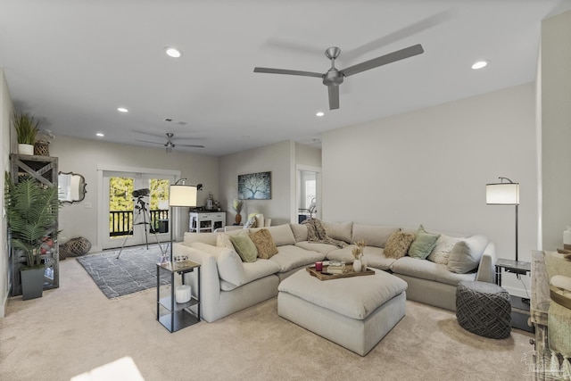 4979 Leeward Dr, Pensacola, FL 32507 - living room featuring a ceiling fan, carpet flooring, visible vents, and recessed lighting