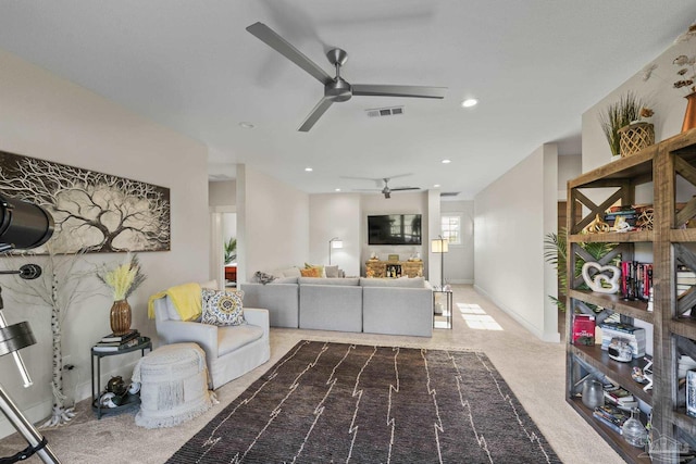 4979 Leeward Dr, Pensacola, FL 32507 - living room featuring a ceiling fan, visible vents, recessed lighting, and carpet flooring