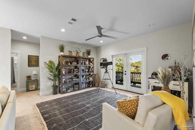 4979 Leeward Dr, Pensacola, FL 32507 - living area with ceiling fan, french doors, carpet flooring, visible vents, and recessed lighting