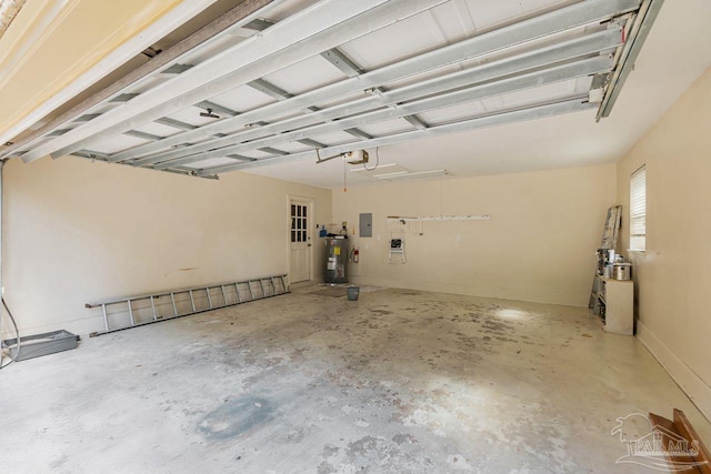 garage with electric panel, a garage door opener, and water heater