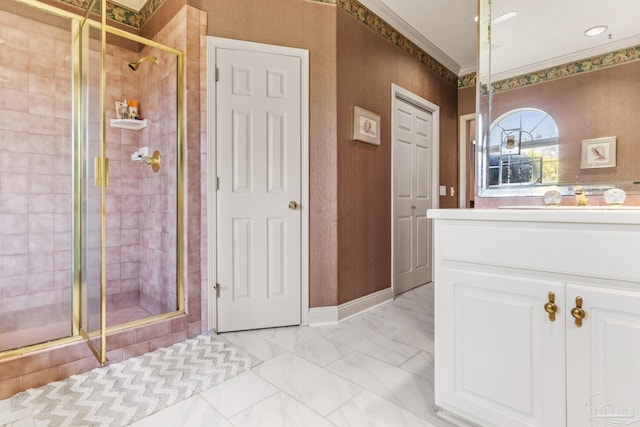 1126 Mary Kate Dr, Gulf Breeze, FL 32563 - full bath featuring vanity, marble finish floor, a shower stall, and ornamental molding