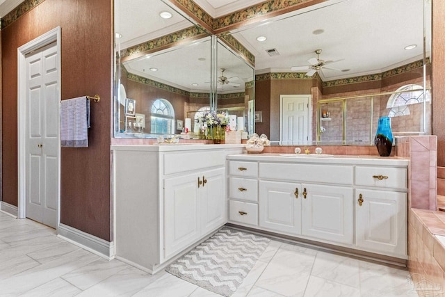 1126 Mary Kate Dr, Gulf Breeze, FL 32563 - full bathroom with a shower stall, ceiling fan, marble finish floor, ornamental molding, and visible vents
