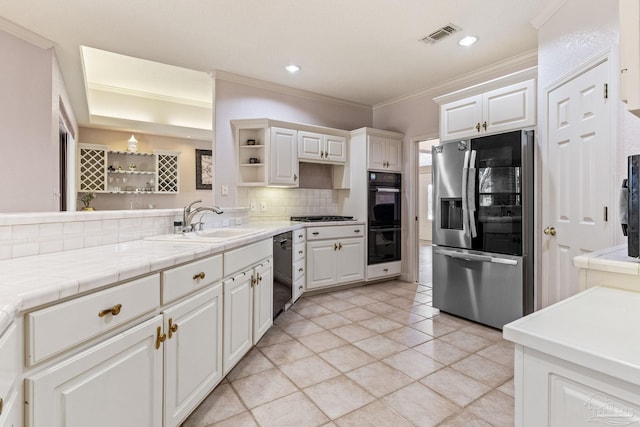 1126 Mary Kate Dr, Gulf Breeze, FL 32563 - kitchen featuring open shelves, a sink, black appliances, backsplash, and ornamental molding