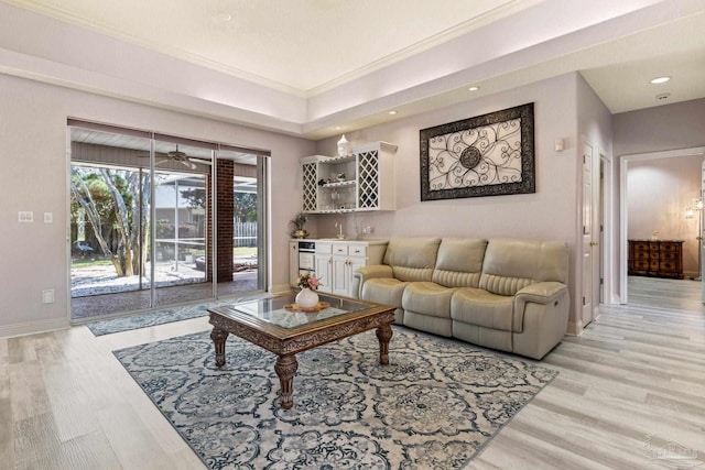 1126 Mary Kate Dr, Gulf Breeze, FL 32563 - living room with light wood-type flooring, wet bar, baseboards, ornamental molding, and recessed lighting