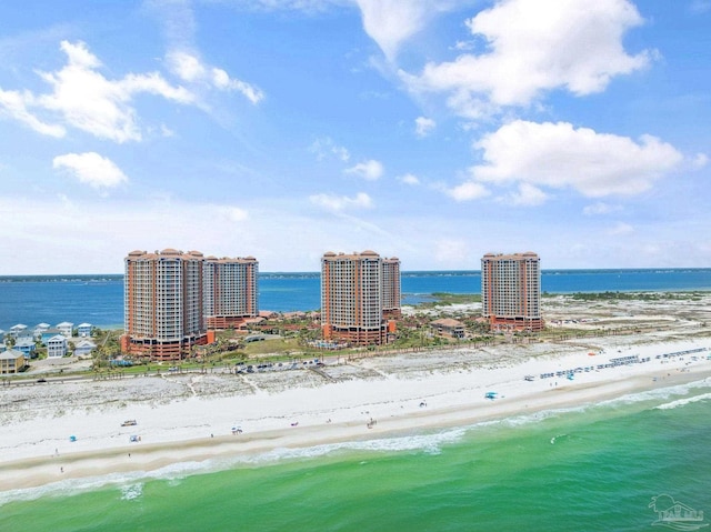 aerial view with a water view and a view of the beach