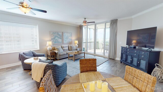 living room featuring wood-type flooring, ceiling fan, and plenty of natural light