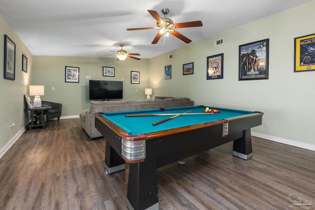 rec room with ceiling fan, billiards, and dark hardwood / wood-style floors