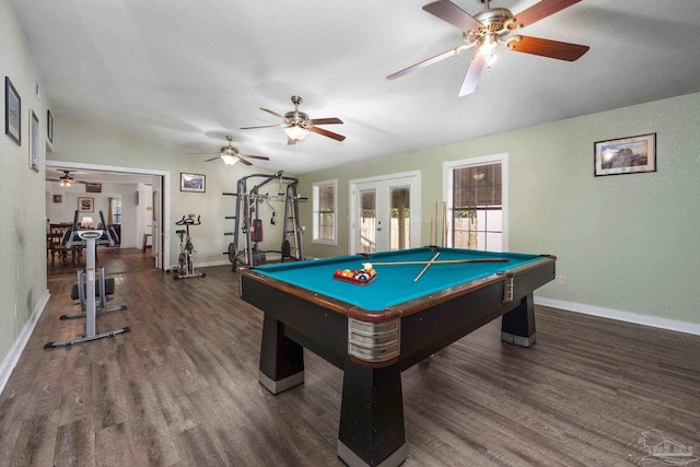 game room with french doors, a textured ceiling, pool table, and dark wood-type flooring