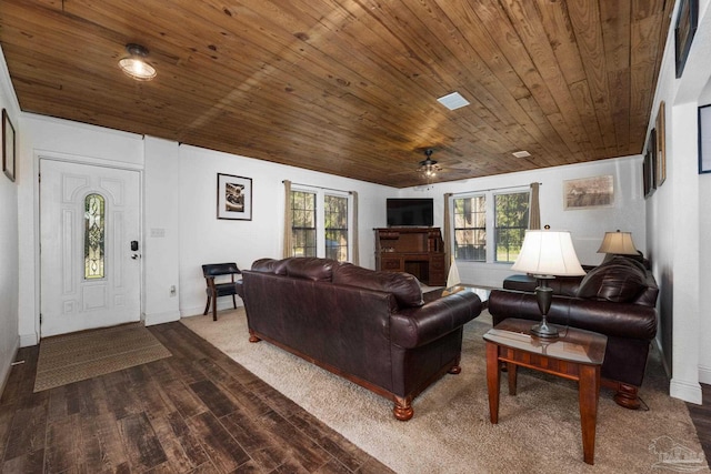 living room with wooden ceiling, wood-type flooring, and ceiling fan